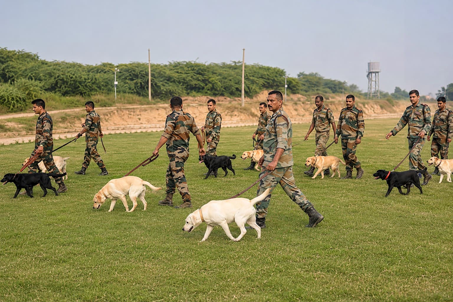 Defence personnel handling Force 1 Kennels detection dogs in formation